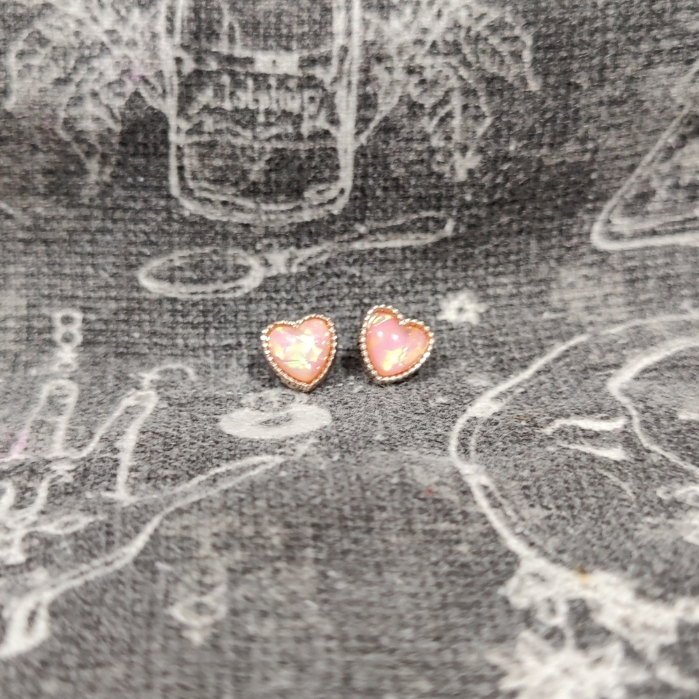 Faux Pink Opal Heart Shaped Stud Earrings